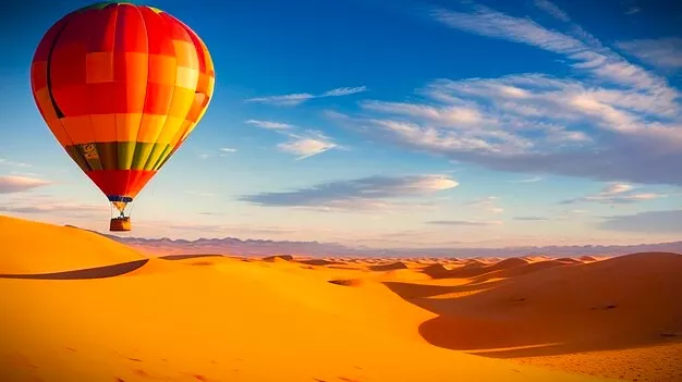 Vuelo en globo aerostático en Marruecos sobre las doradas del desierto del Sáhara a la hora del amanecer