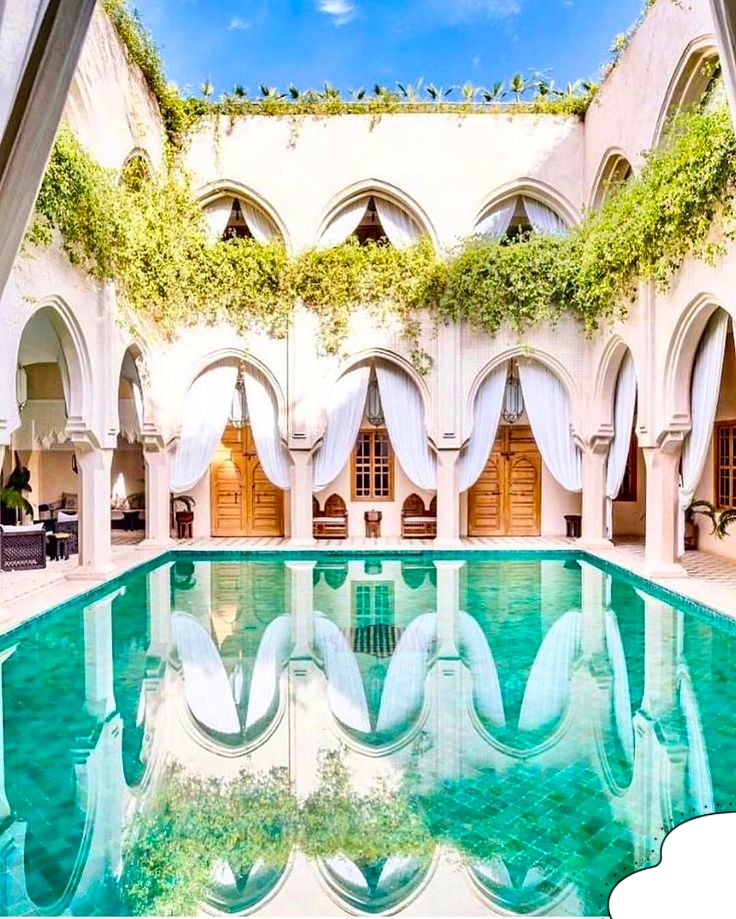 Interior of a luxury riad in Marrakech Medina with Moroccan décor and modern comfort