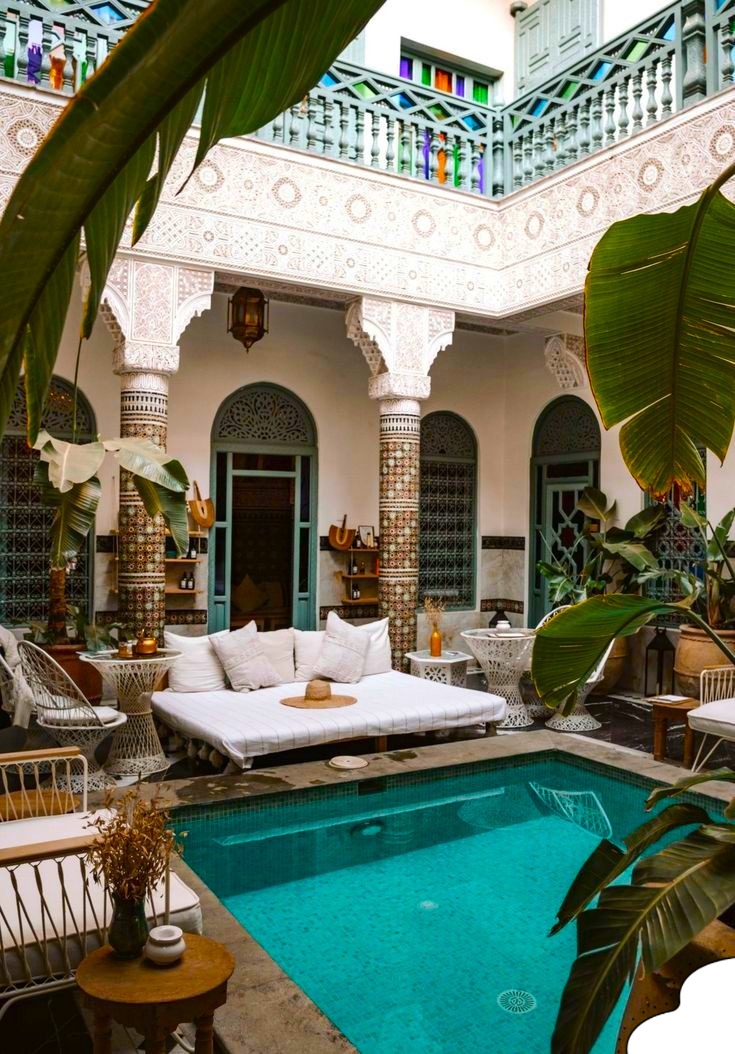 Elegant interior seating area in Marrakech Medina with Moroccan-inspired décor