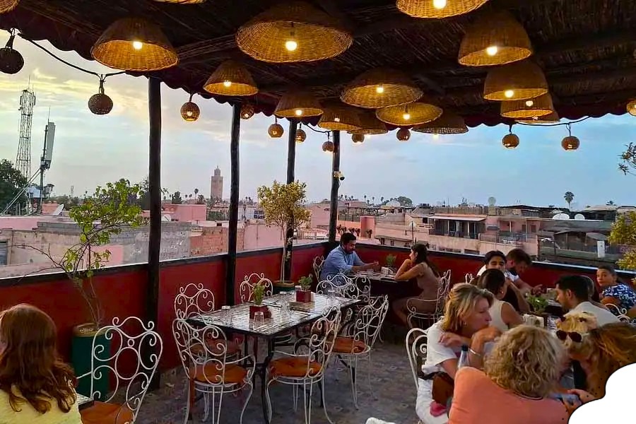 Elegant interior of a rooftop restaurant during Marrakech Rooftop Dining Experiences