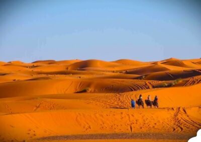 Travelers enjoying a Sunset Camel Tour in Zagora Morocco with golden desert dunes and a colorful sky